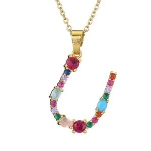 U Initial Pendant Necklace Multicolor Rhinestones Gold Tone Chain